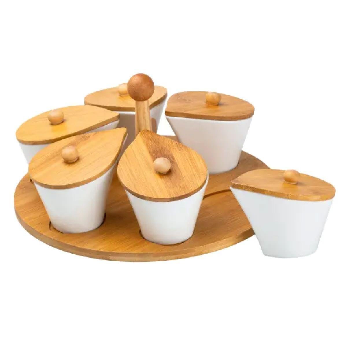 Набір баночок для сипучих продуктів порцелянових на бамбуковій підставці 6 шт. по 100 мл (HP258) - фото 3 Набір баночок для сипучих продуктів порцелянових на бамбуковій підставці 6 шт. по 100 мл (HP258) - фото 3