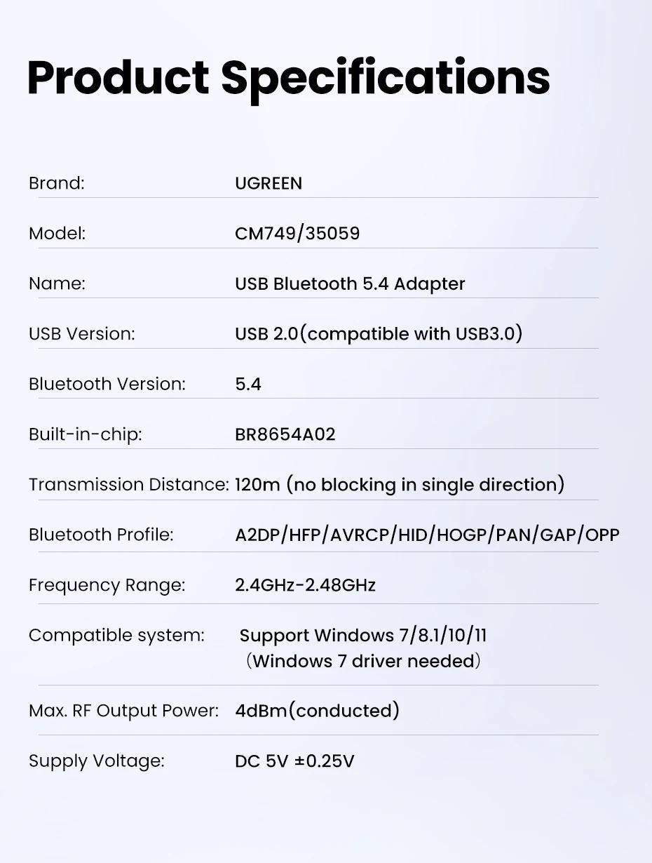 Адаптер UGREEN Bluetooth 5.4 приемник-передатчик с антенной USB Черный (35059) - фото 8