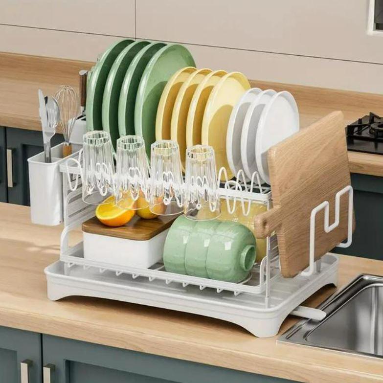 Сушилка для посуды и столовых приборов 2-ярусная настольная с водоотливом 29х30х42 см Белый - фото 3