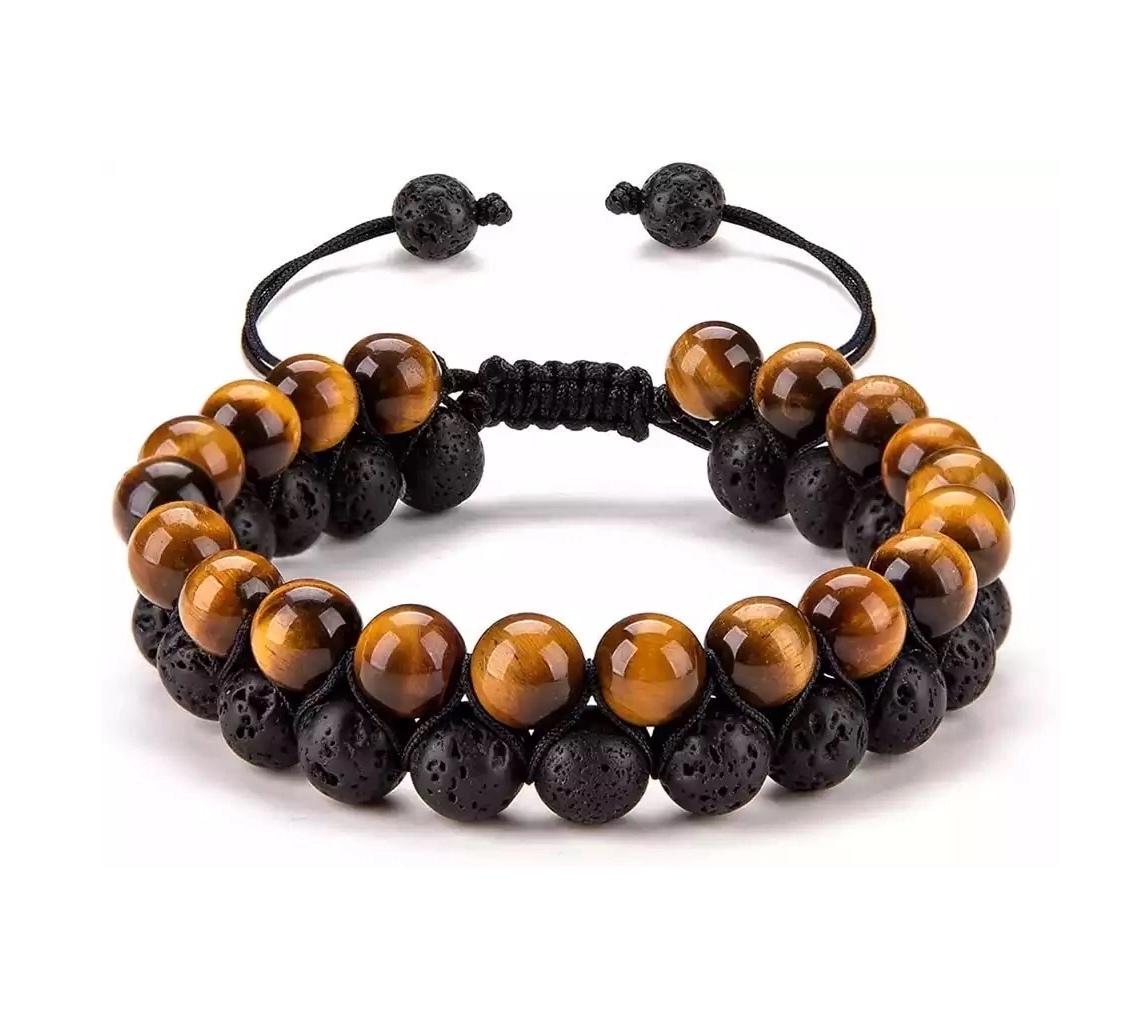 Браслет двойной плетеный из тигрового глаза и лавы р. 15 Черный/Коричневый (80150)