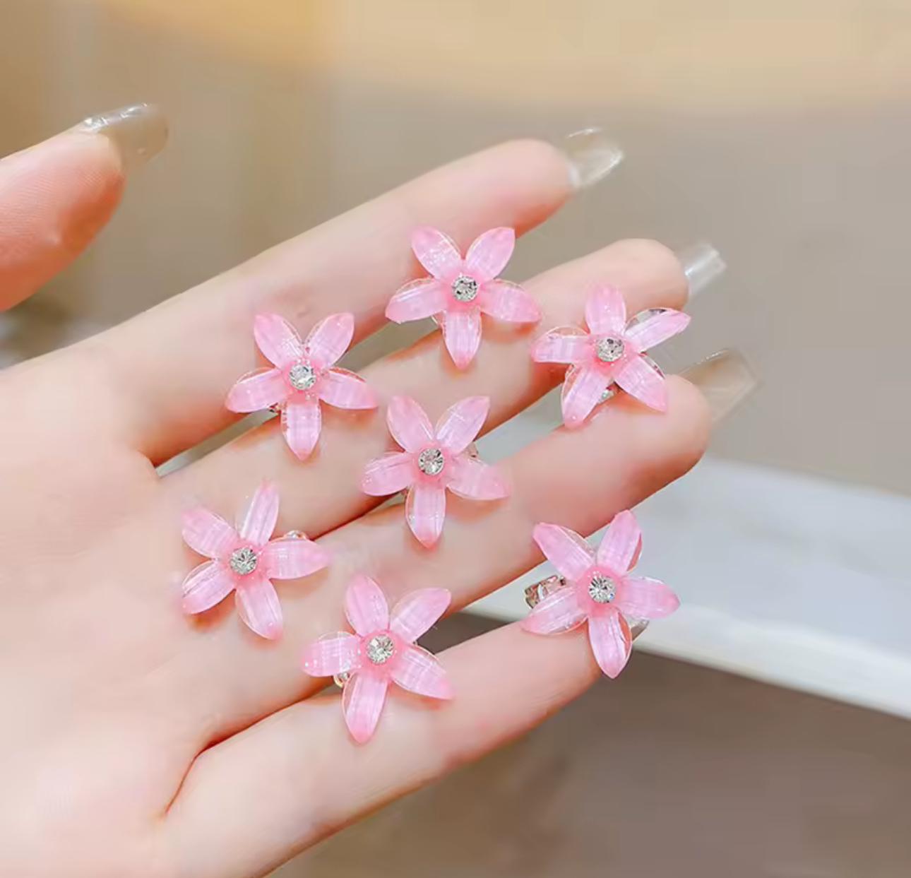 Заколки-цветочки со стразами мини набор 10 шт. Розовый