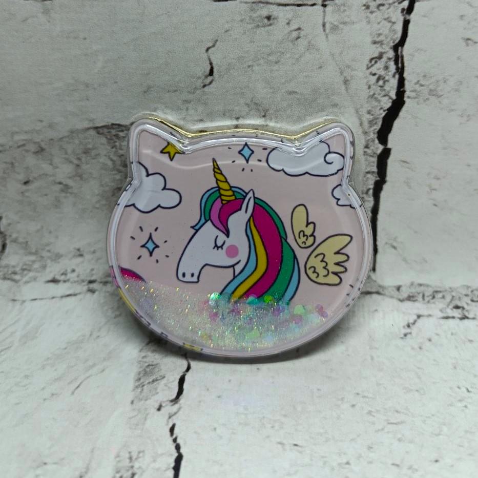 Зеркало карманное косметическое Единорог жидкие блестки 7,5х7 см (А51-11)