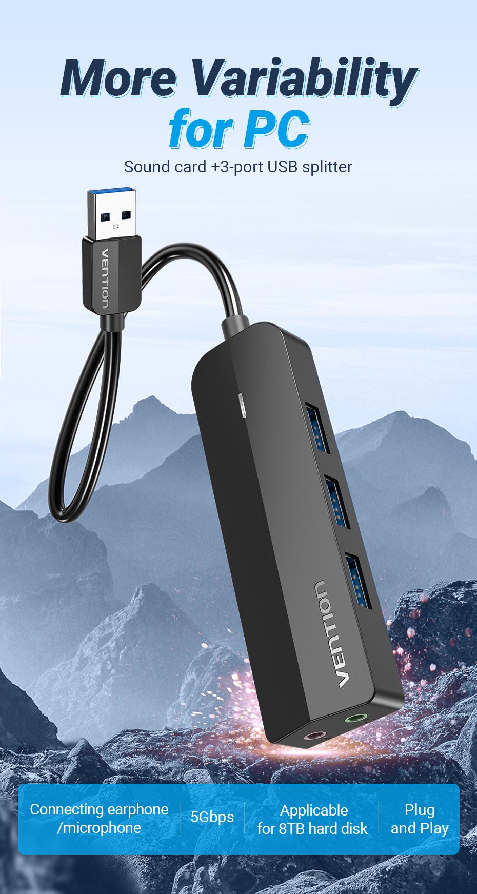USB-хаб Vention зі звуковою картою USB-3x USB 3.0/2x 3,5 мм minijack/micro-USB додаткове живленя 5 Гбіт/с USB-A 1 м Чорний (CHIBF) - фото 2 USB-хаб Vention зі звуковою картою USB-3x USB 3.0/2x 3,5 мм minijack/micro-USB додаткове живленя 5 Гбіт/с USB-A 1 м Чорний (CHIBF) - фото 2