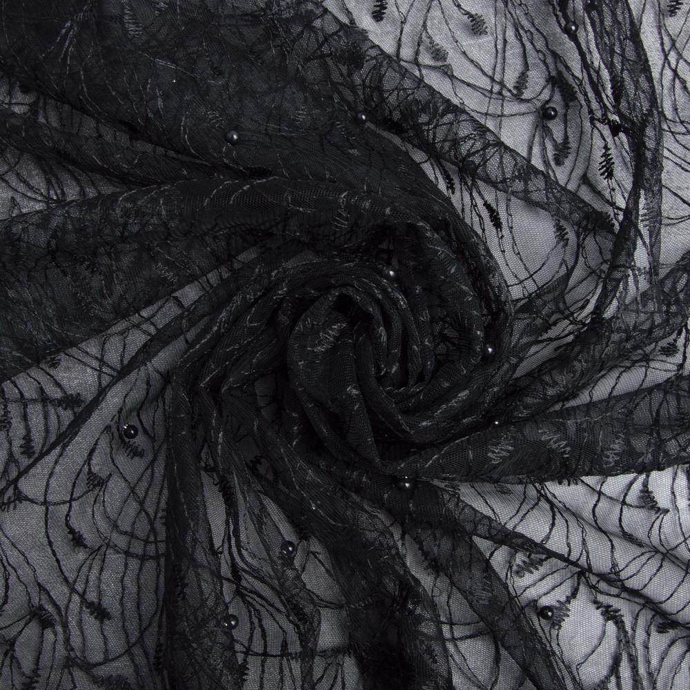 Ткань сетка вышивка Тея с жемчужинами Черный