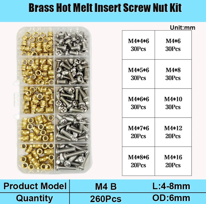 Комплект термовставки та гвинти DIN7985 для 3D друку PLA/ABS Spec М4 мм 260 шт. (SP-1694B260) - фото 2 Комплект термовставки та гвинти DIN7985 для 3D друку PLA/ABS Spec М4 мм 260 шт. (SP-1694B260) - фото 2