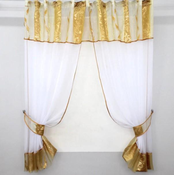 Комплект штор на кухню/балкон с ламбрекеном 280х170 см Коричнево-золотистый/Белый (085к)
