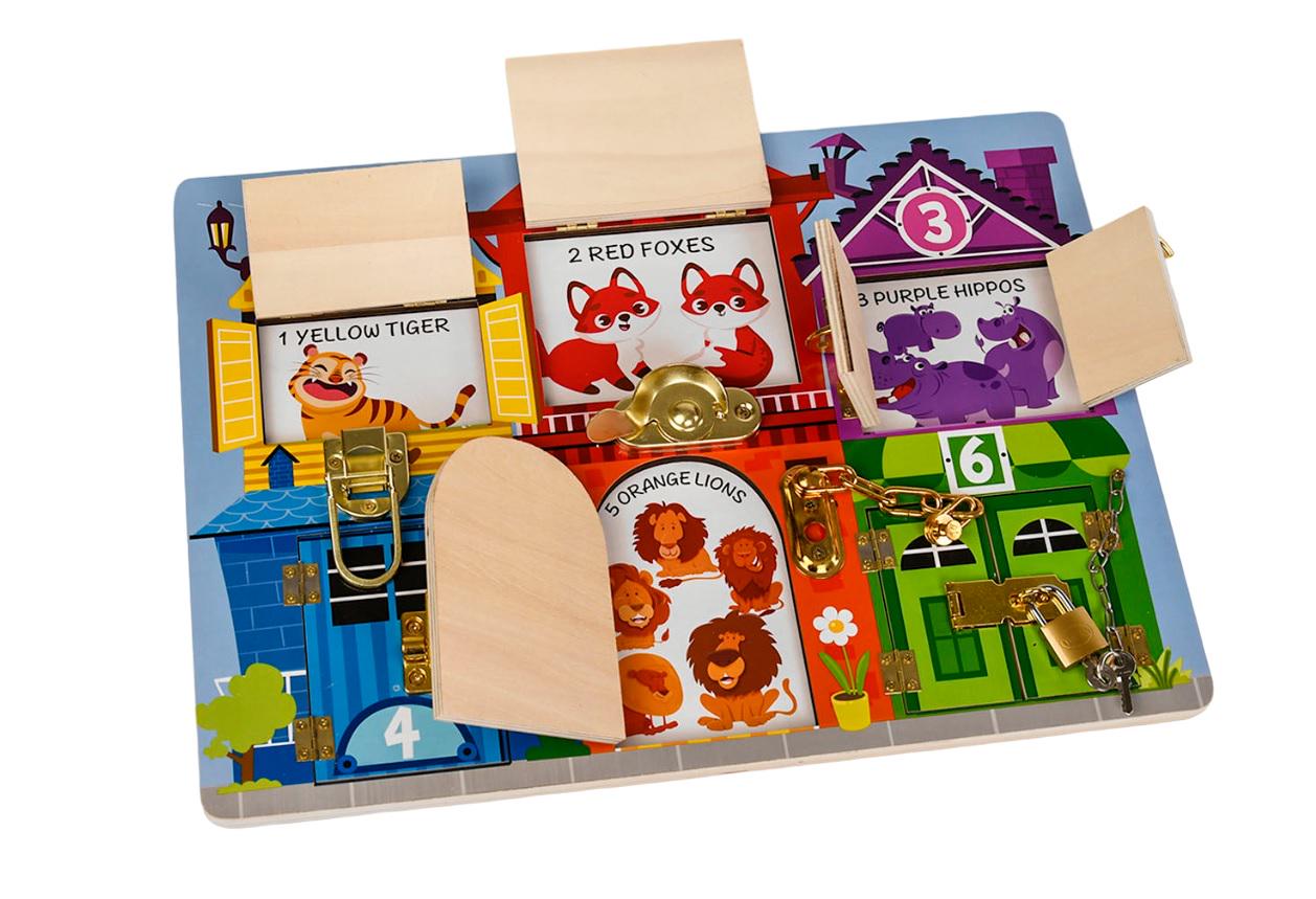 Бизиборд деревянный WENYI Квартирки с животными 6 видов замочков/окна Multicolor (110603)