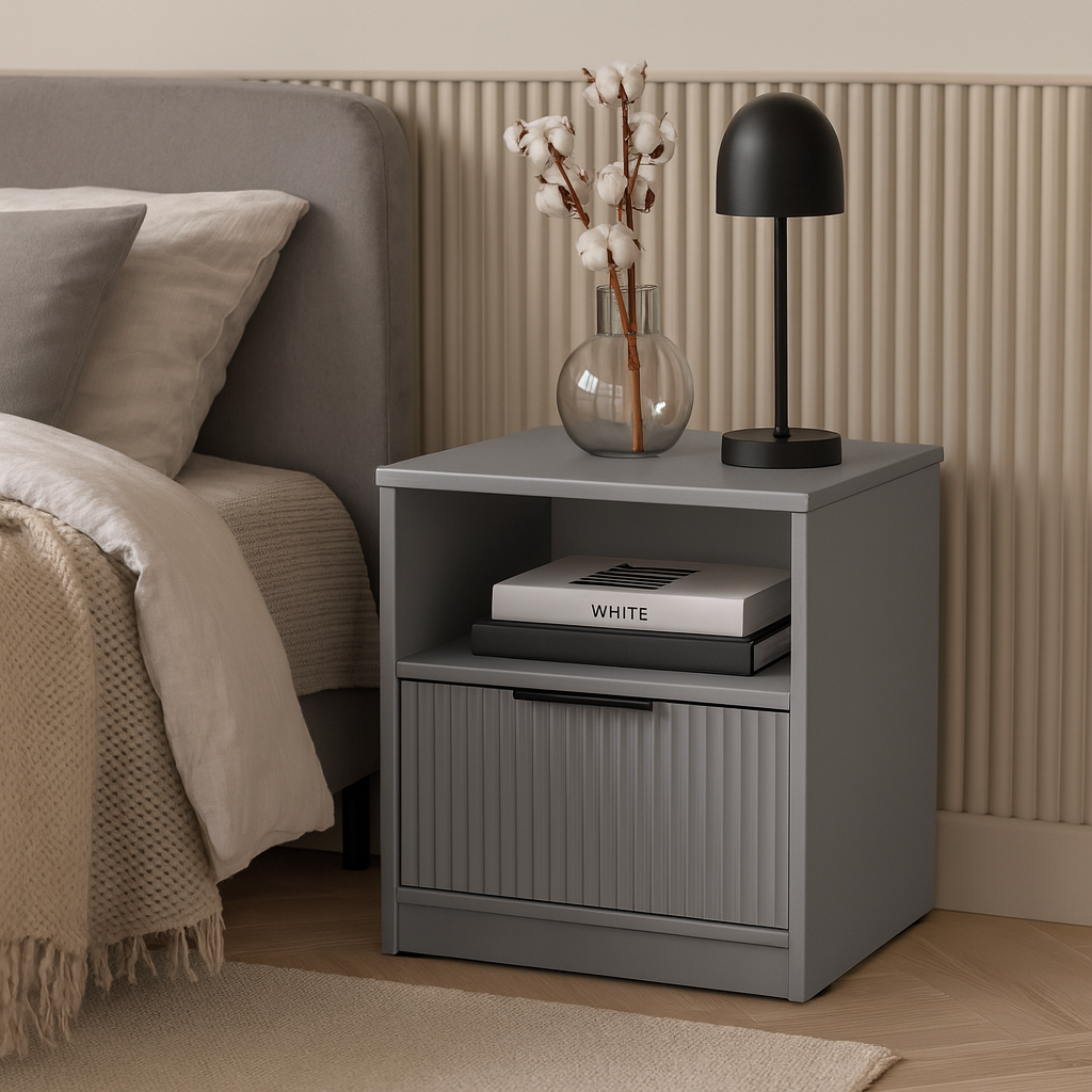 Тумба приліжкова ТП4 SENAM 490х450х350 мм корпус ДСП Сіра Мишка фасад МДФ фарба RAL7004 Сірий фрезерерування Плаше Грос