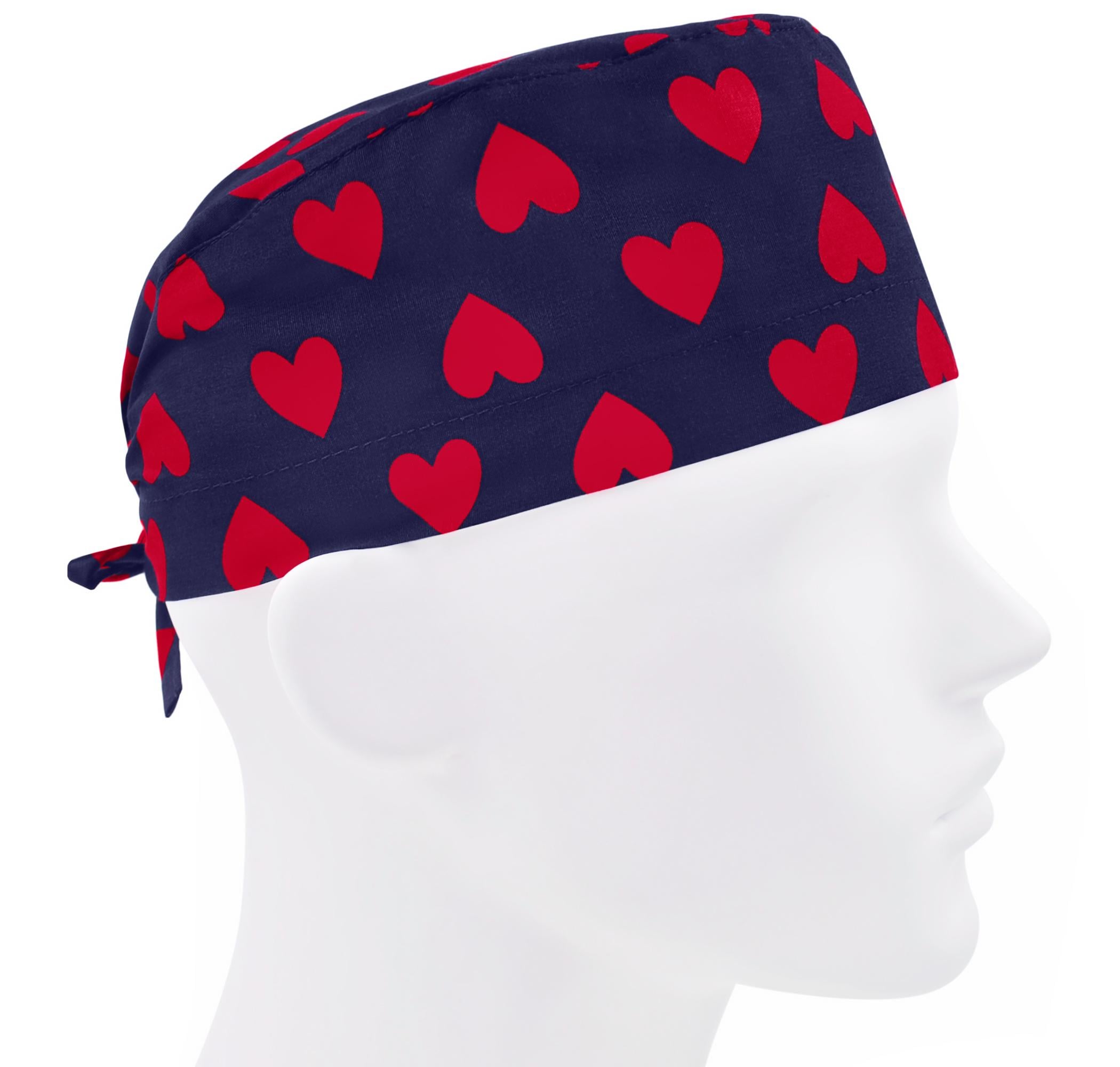 Шапочка медицинская мужская FloralScrubs Красные сердца на темно-синем универсальная (М070)