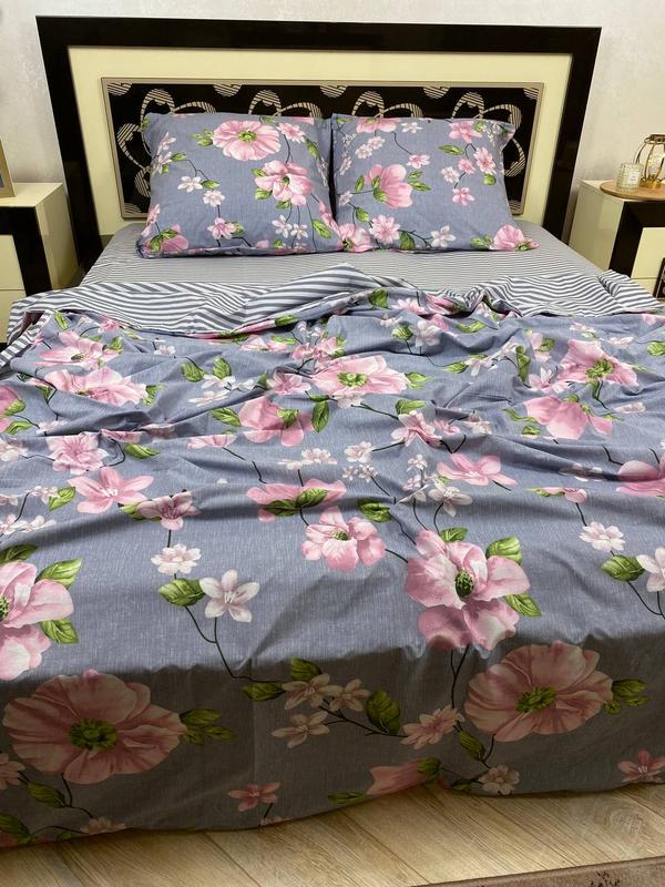 Комплект постельного белья Цветы Айстры хлопковый двуспальный 180x220/50х70 см Серый (17828615)