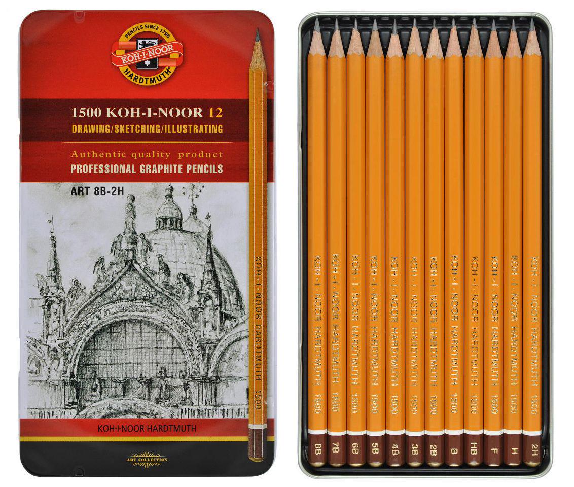 Карандаши чернографитные Koh-i-noor 8В-2Н металлический пенал 12 шт. (1502.II)