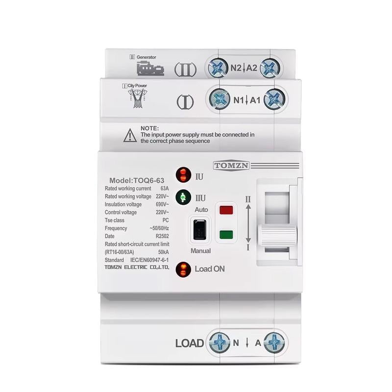 Автоматический переключатель ввода резерва TOMZN I-II 2P 63A 230V АВР для бензиновых генераторов (2P-LN-63A-230)