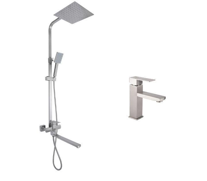 Душева система нержавіюча з довгим виливом Lidz Kubis 1033 та змішувач для раковини Lidz Kubis 001F Nickel