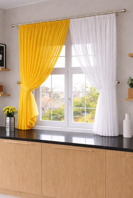 Комплект штор на кухню шифон 250х170 см Желтый/Белый (501к 3)