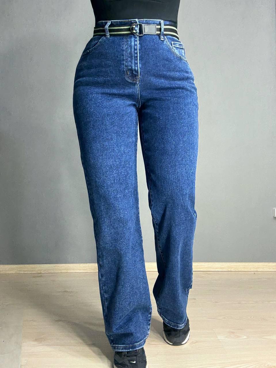 Джинсы женские Derun 8200 палаццо ровная талия на резинке с ремнем р. 32 Синий (4829) - фото 5