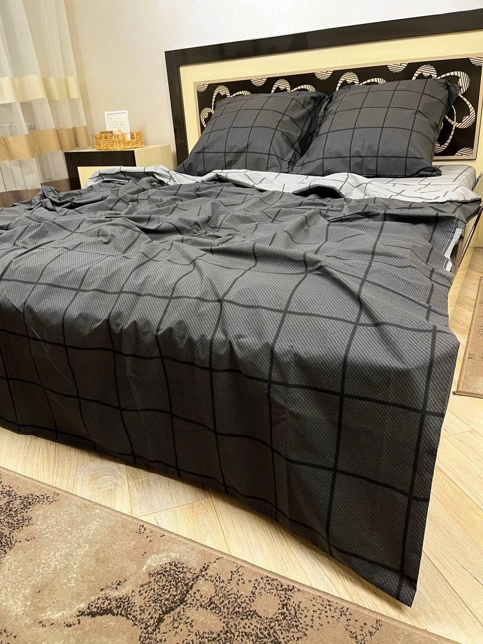 Комплект постільної білизни євро Клітинка простирадло на резинці 160x200х20/70х70 см Сірий (27976624)