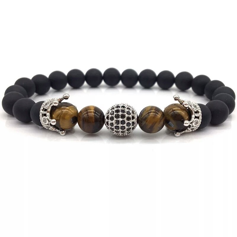 Браслет із шунгіту та тигрового ока з кулею та коронами р. 20 Чорний/Коричневий
 (90008)
