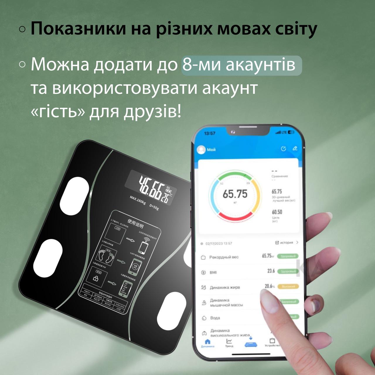 Ваги підлогові Scale one Bluetooth до 180 кг з додатком для смартфона Чорний (2017AB) - фото 9