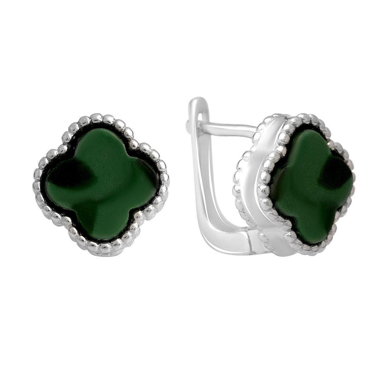 Серьги серебряные LoveR с малахитом в форме четырехлистника