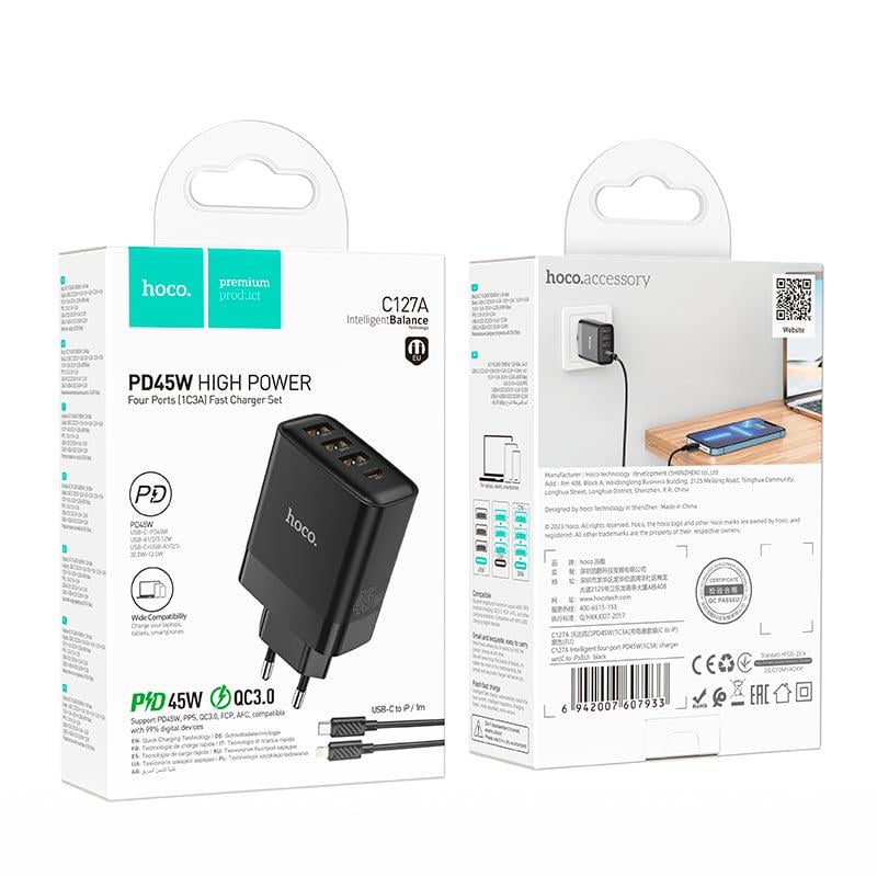 Зарядний пристрій мережевий Hoco Type-C to Lightning Cable Intelligent four-port C127A 3хUSB/1Type-C 45 W 3 A (584778) - фото 7