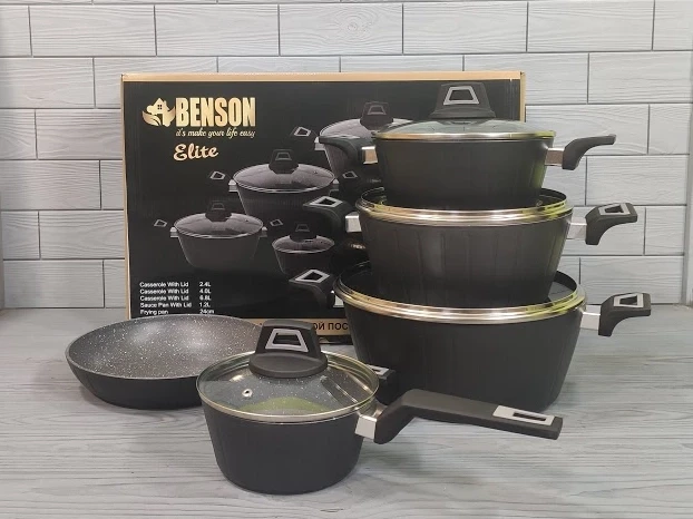 Набір посуду Benson із мармуровим антипригарним покриттям 9 предметів (BN-343))