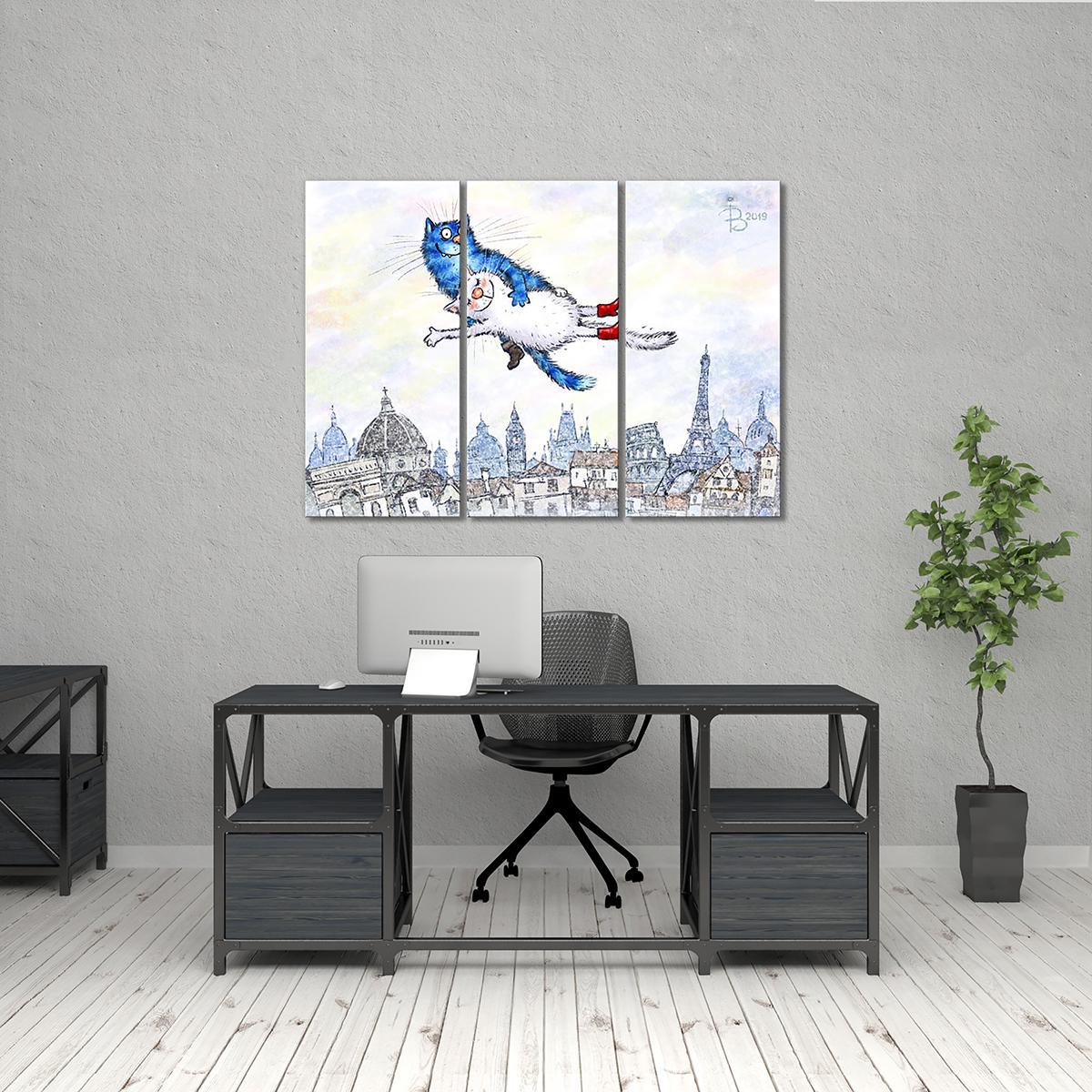 Модульная картина Фантазия мяу-диез-Шагал 3 модуля 50x75 см