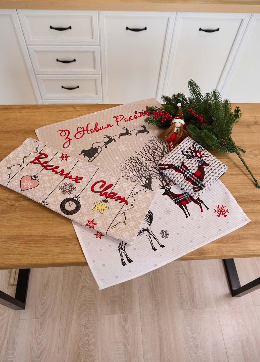 Набір новорічний вафельних рушників в коробочці Щасливого Різдва 60х47 см 3 шт. - фото 4