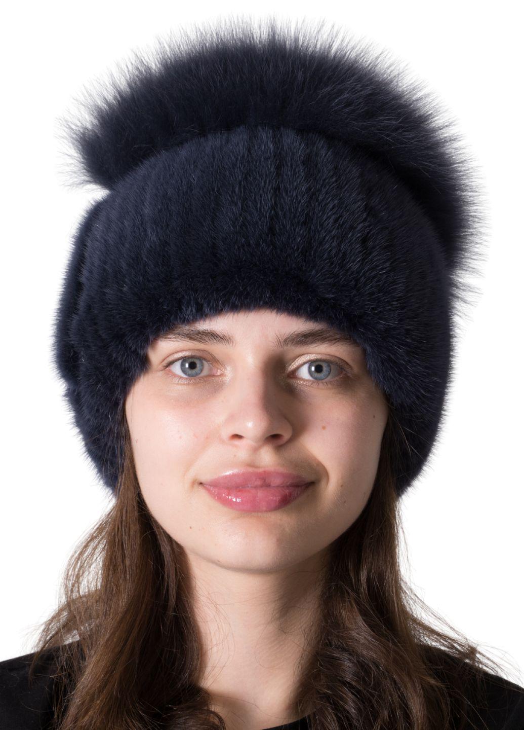 Женская шапка из вязаной норки Меховой стиль Спираль с помпоном натуральный мех XL-XXL Темно-синий (118/C)
