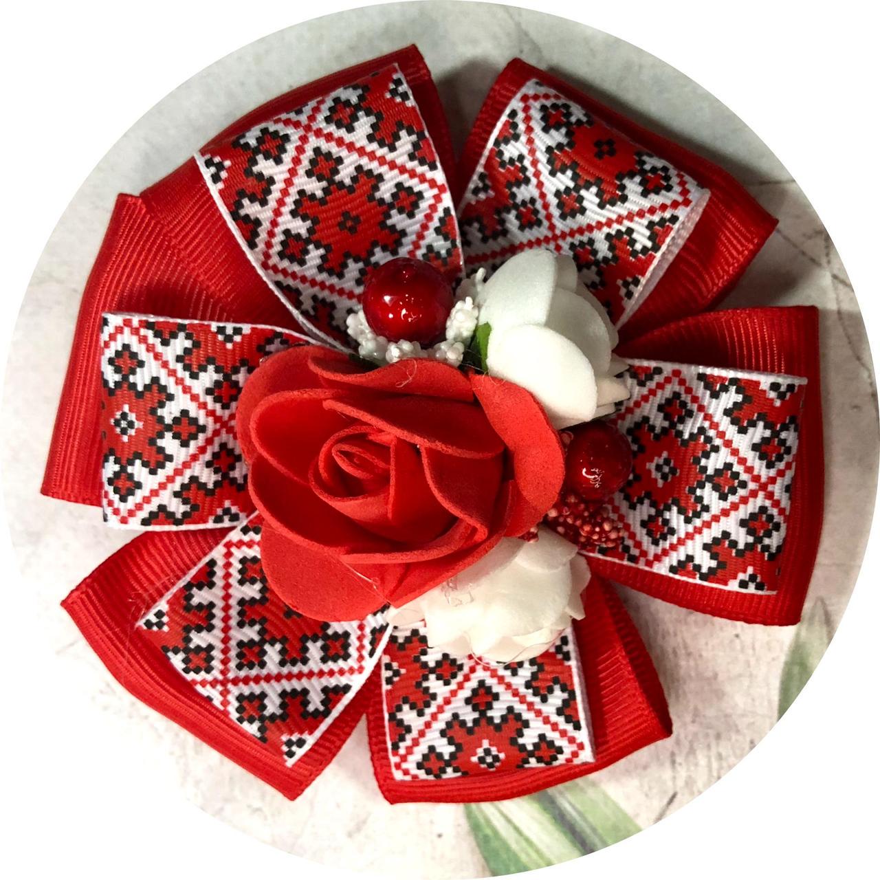 Бантик для волосся дитячий на заколці D9 см Український орнамент Червоний (10302)