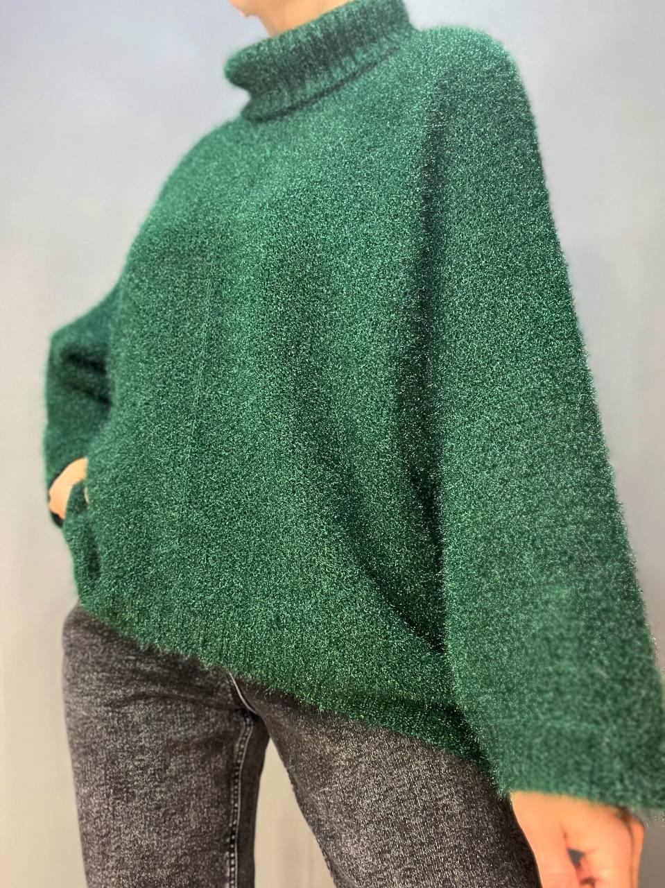 Светр жіночий MY FASHION 3267 павутинка оверсайз широкий комір хомут подовжений р. 44-48 Зелений (3115) - фото 4