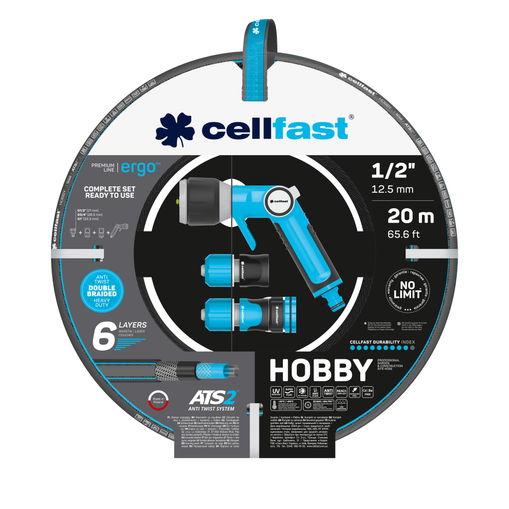 Поливочный набор Cellfast HOBBY TSV 1/2" 20 м и набор фитингов ENERGO надежный и удобный товар для дома и сада