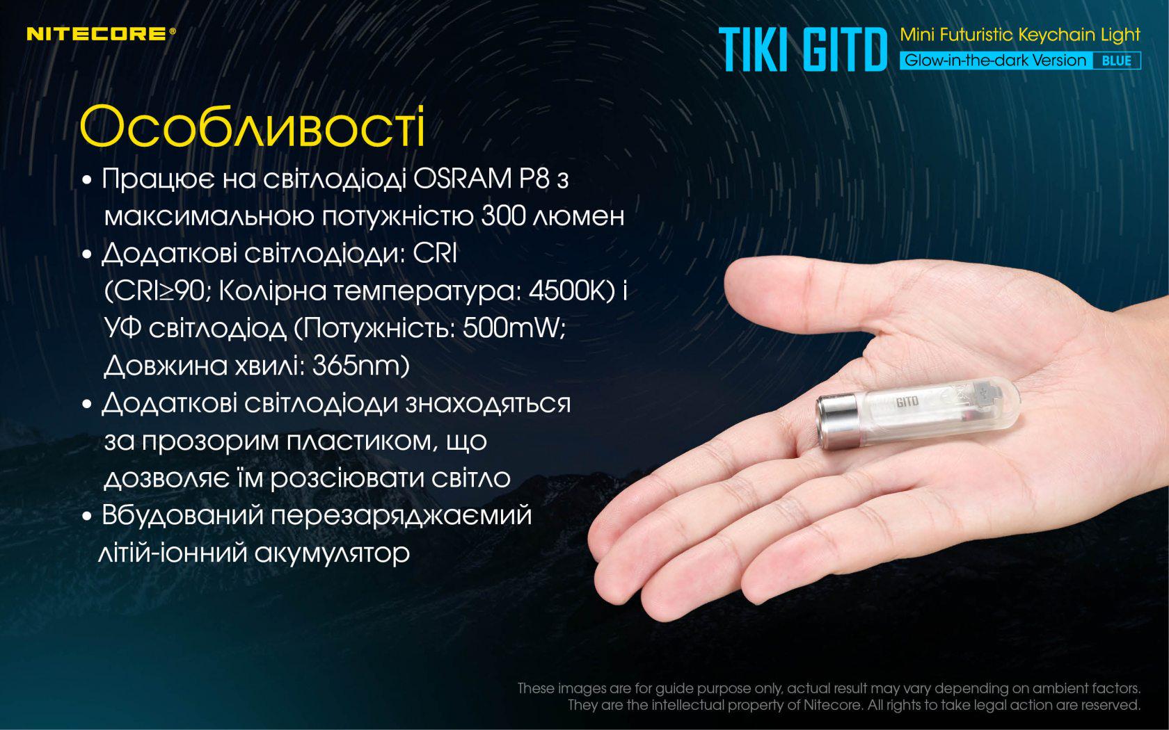 Фонарь наключительный Nitecore TIKI GITD Type-C люминесцентный с ультрафиолетом Blue (010331/1) - фото 14