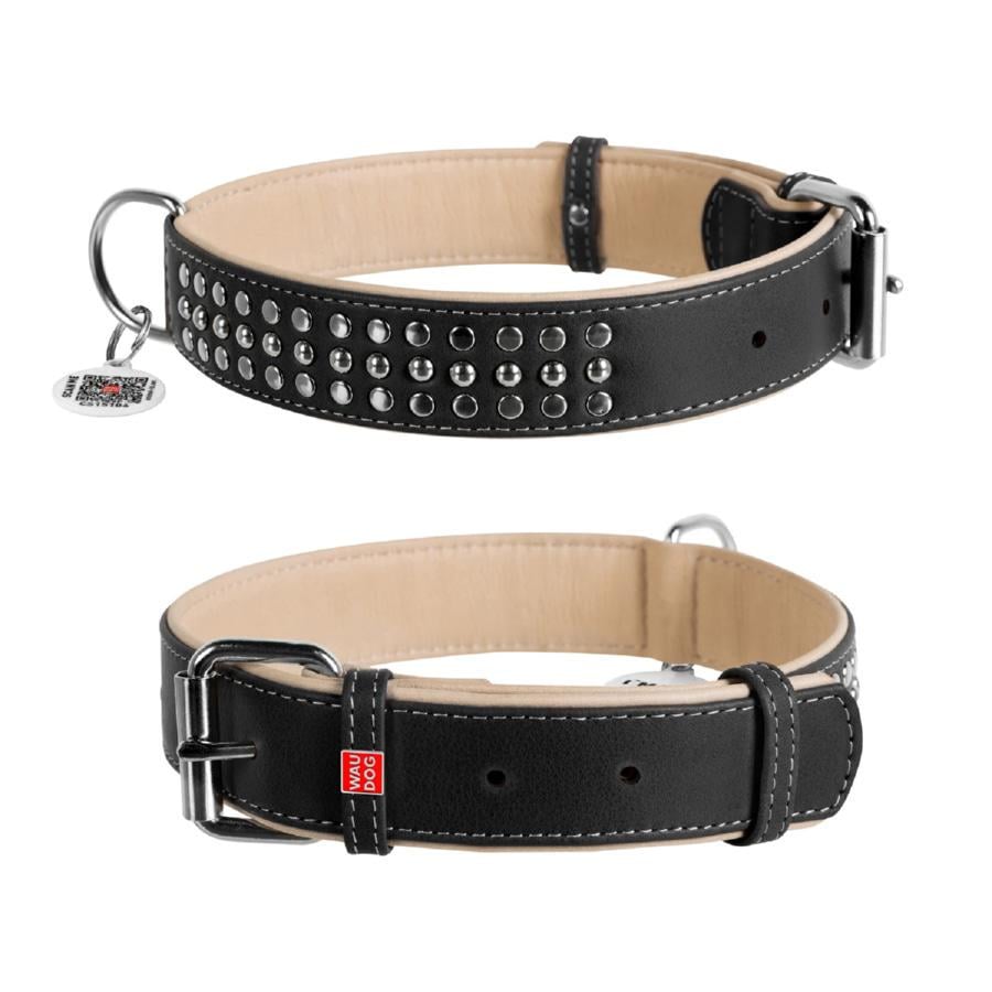 Ошейник для собак кожаный Waudog Soft с QR паспортом металлические украшения L 35 мм 57-71 см