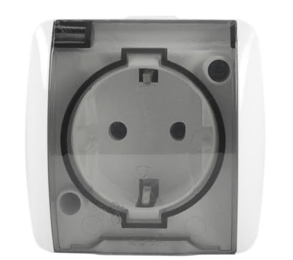 Розетка El-BI Alsu одинарная с крышкой с заземлением накладная Белый IP54