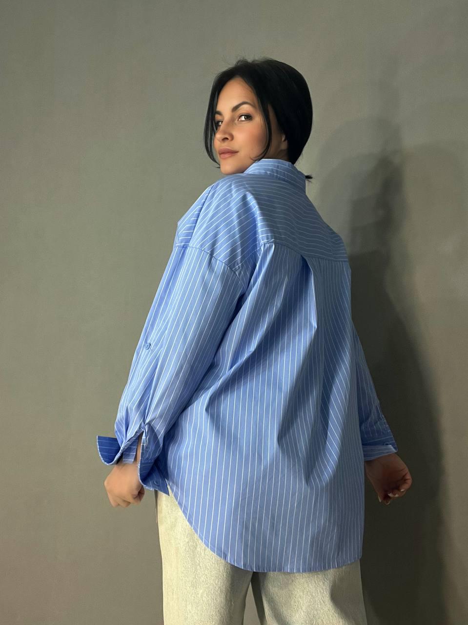 Рубашка женская A-N 25130 полоска оверсайз удлиненная широкая OS Голубой (3574) - фото 9 Рубашка женская A-N 25130 полоска оверсайз удлиненная широкая OS Голубой (3574) - фото 9