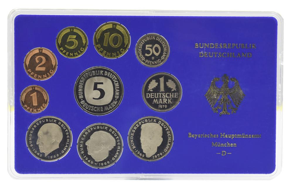 Набор коллекционных монет Германия 1979 Proof D 1/2/5/10/50 пфеннигов/1/2/2/2/5 марок в сувенирной упаковке 10 шт. (35867433)