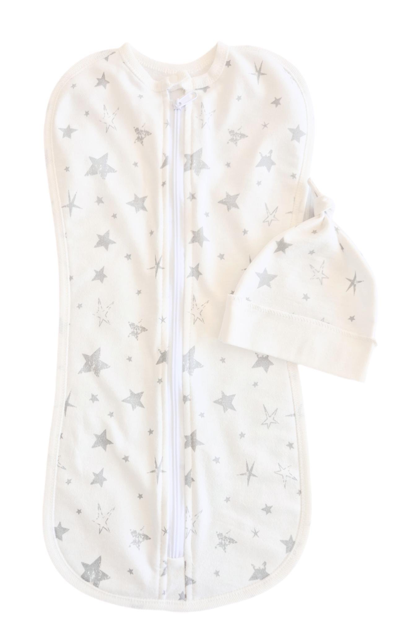 Пеленка-кокон евро на молнии с шапочкой Звездочки байка №107 0-6 мес. Серый (143858)