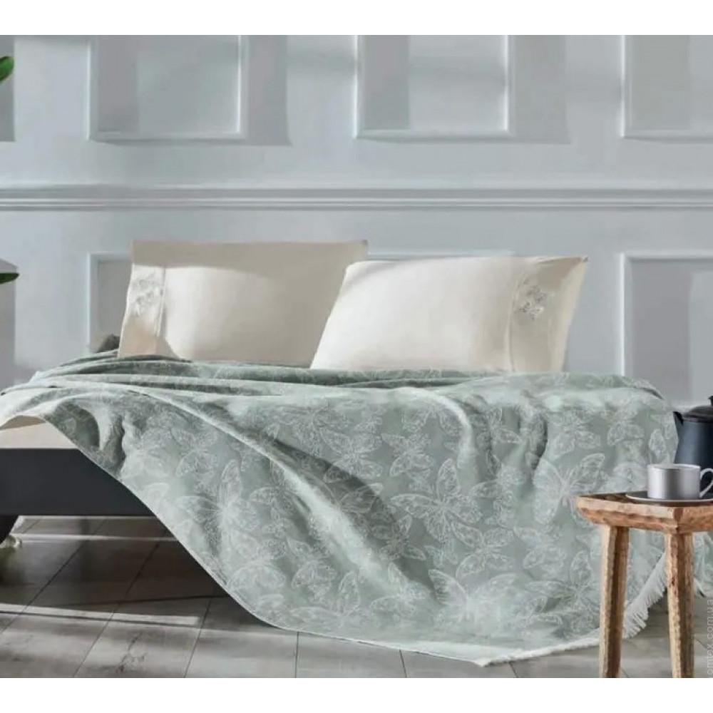 Постельное белье Tivolyo Home Papillon yesil с хлопковым покрывалом-пике евро