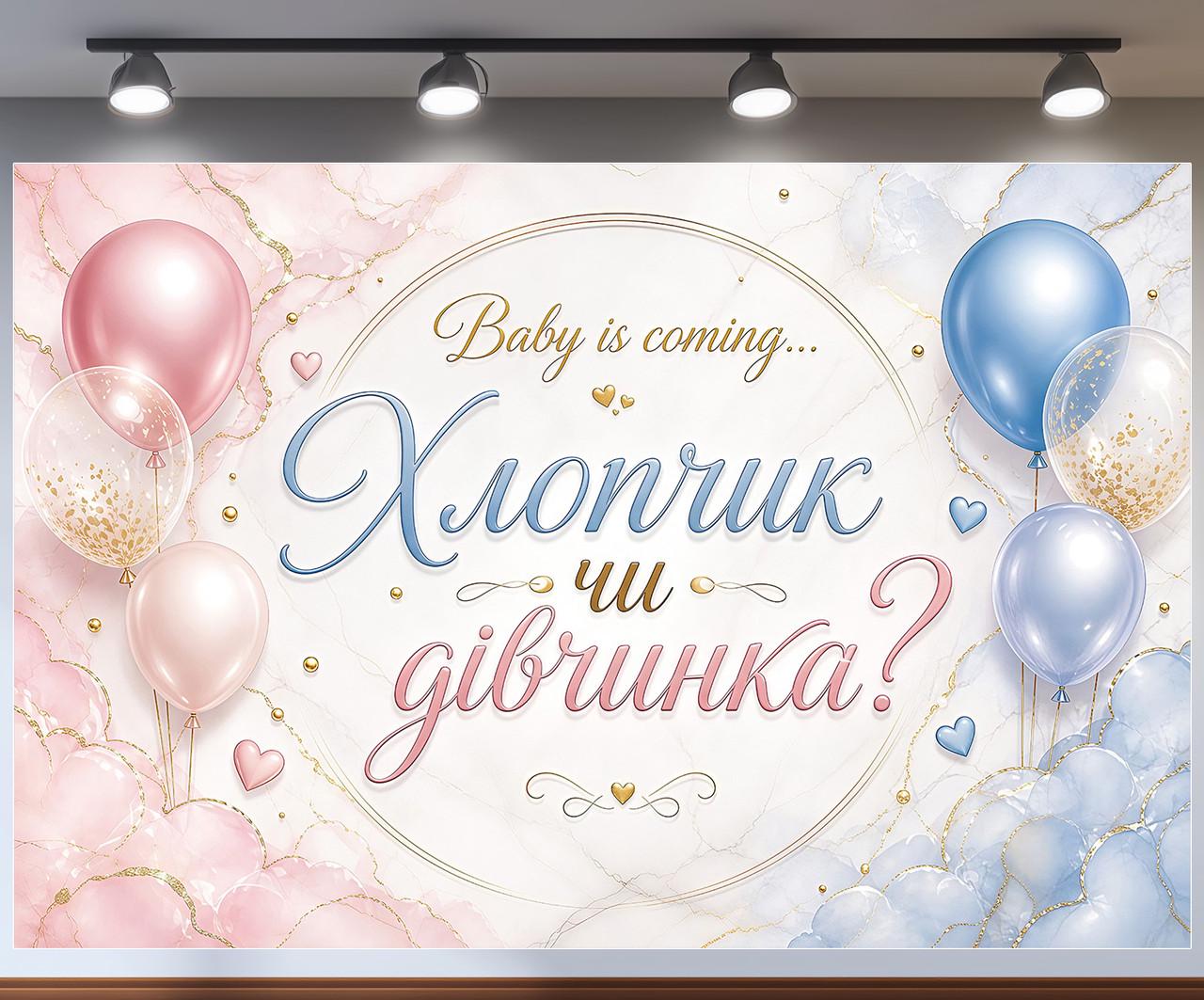 Баннер для фотозоны Baby is coming Мальчик или девочка золотистые элементы 180x120см, №48850 Баннер для фотозоны Baby is coming Мальчик или девочка золотистые элементы 180x120см, №48850