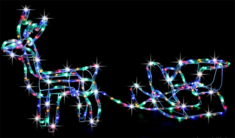 Светодиодная фигура из дюралайта «Новогодний олень» с санями маленький от сети Разноцветный