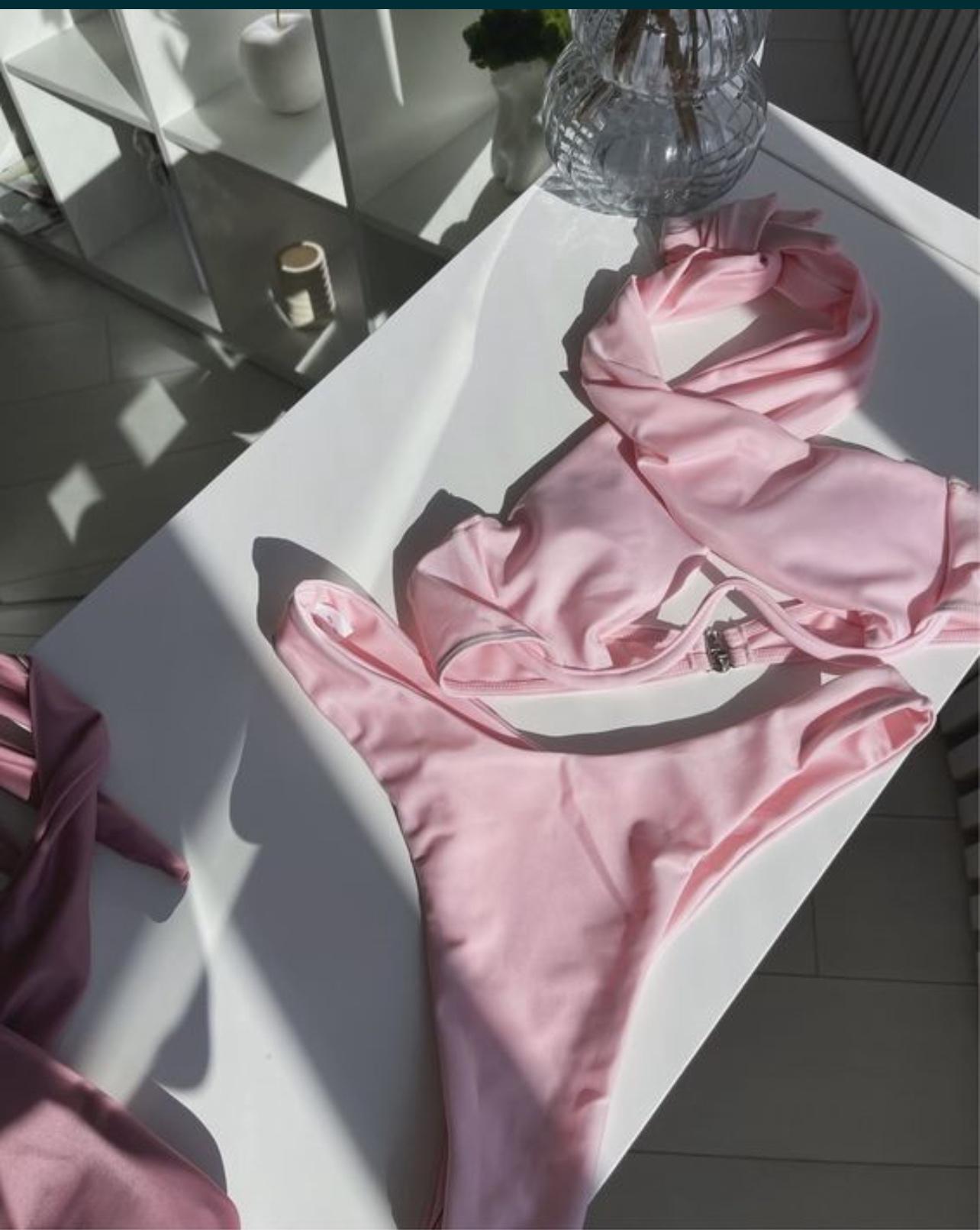 Купальник женский с переплетением на шее высокие трусики чашка B/C S Персиковый (1361)