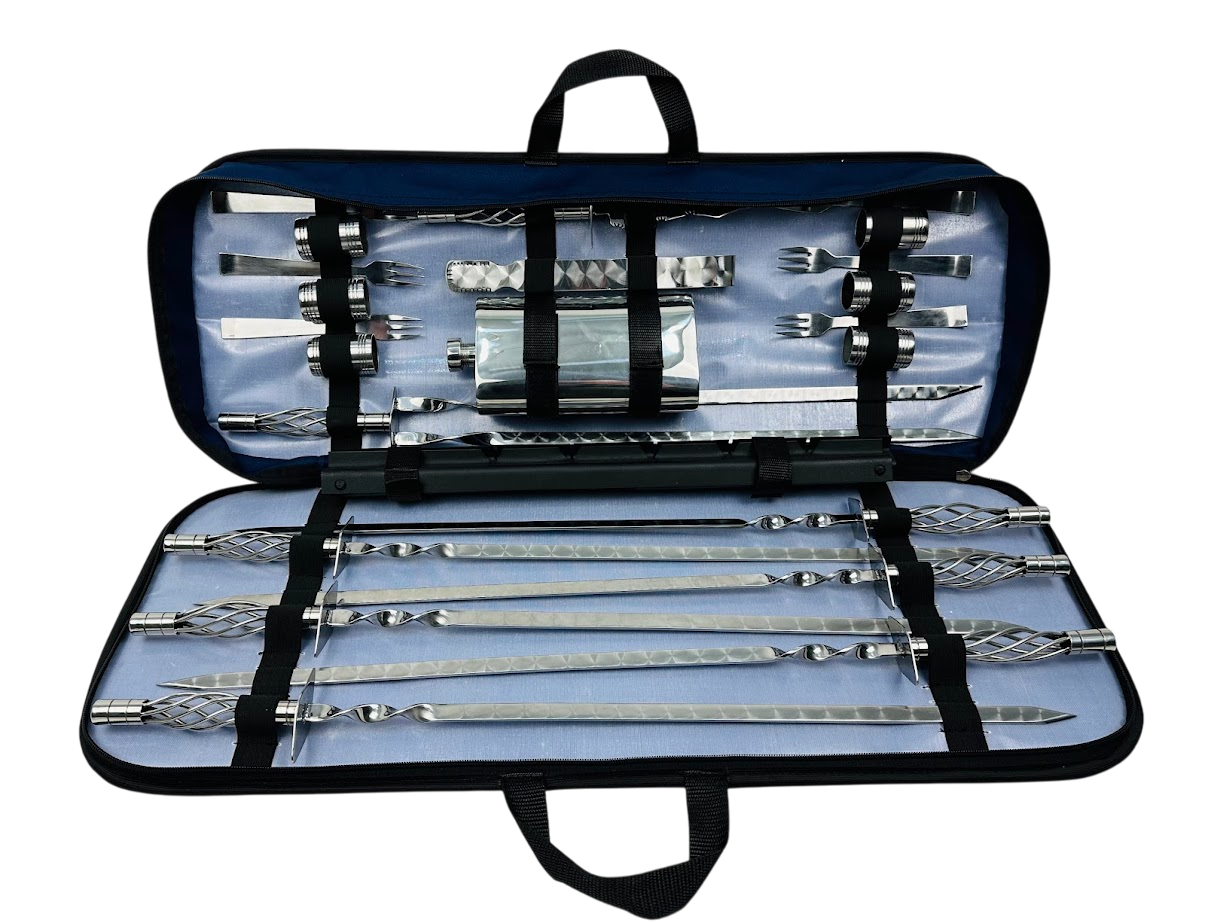 Подарочный набор шампуров Планшет Эксклюзив с аксессуарами для пикника на 23 предмета из нержавеющей стали в чехле 70х28х5 см Черный (124-10-NB-2237)
