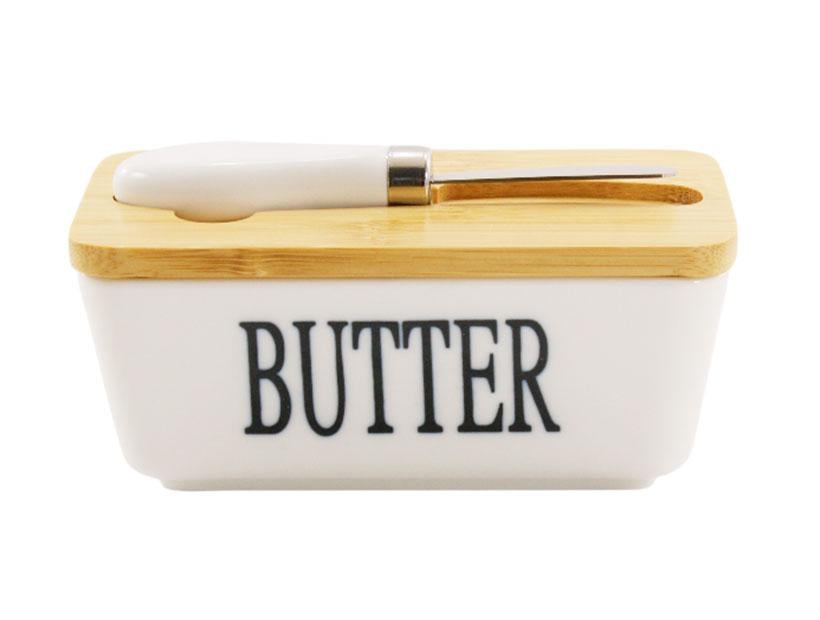 Масленка кухонная фарфоровая Interos с ножом и бамбуковой крышкой Белый (PJ03629)