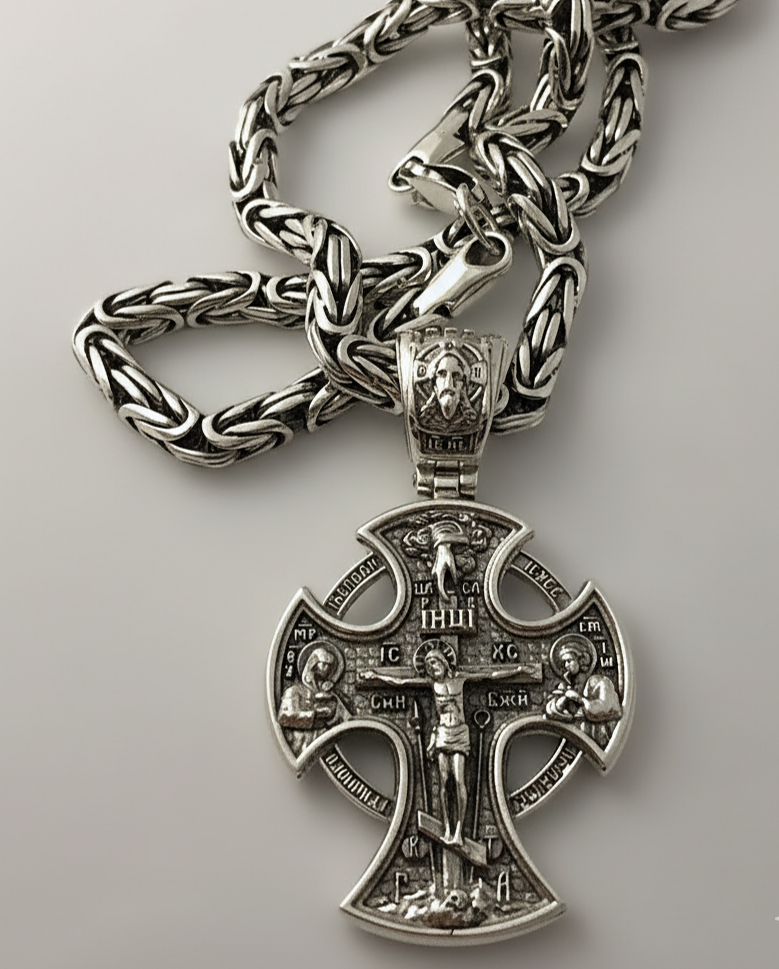 Комплект мужской серебряный Лисий хвост Византия 55 см и мужской серебряный крестик с образом Георгия 19 г