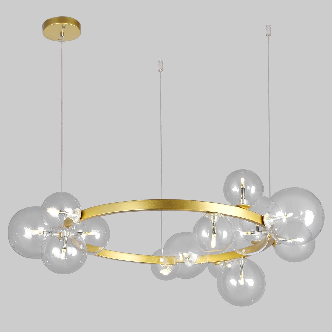 Люстрам кругла з куль на 15 ламп 85 см Золотий (918-LP267-15 GD+CL)