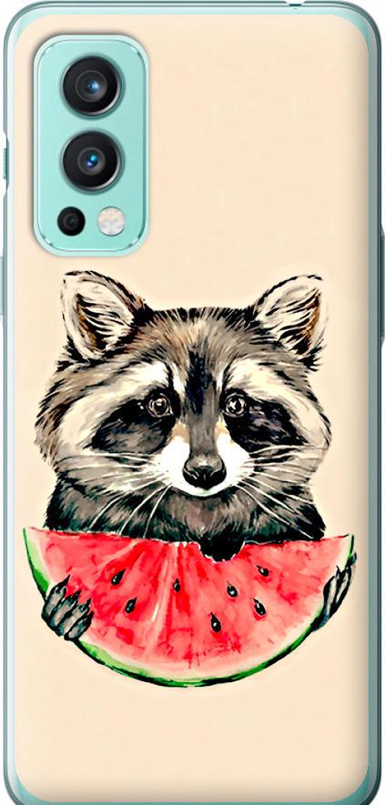 Чехол на OnePlus Nord 2 Енотик с арбузом (4605u-2468-42517)