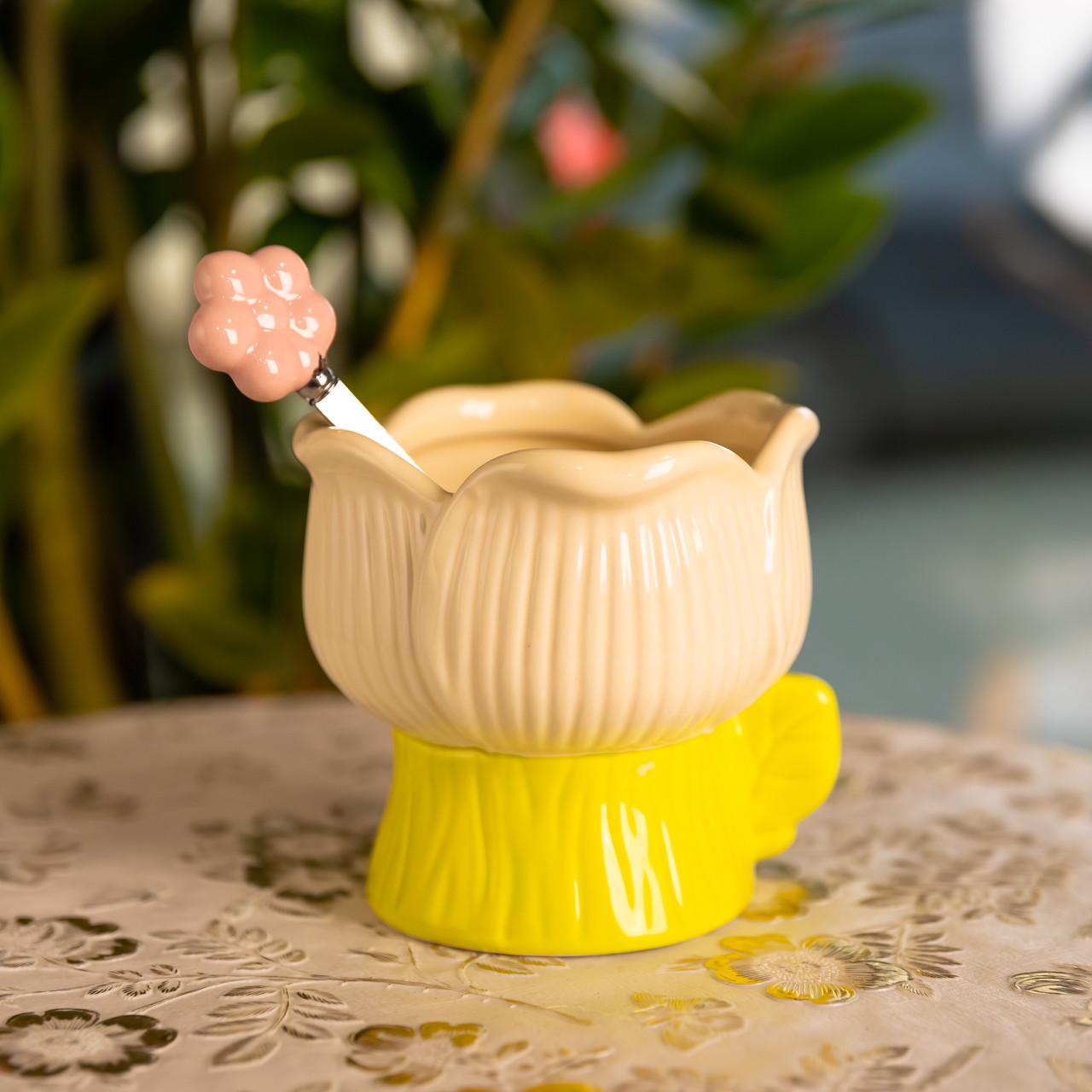 Креманка фарфоровая Тюльпан с ложкой 300 мл Желтый (FM-42BE) Креманка фарфоровая Тюльпан с ложкой 300 мл Желтый (FM-42BE)