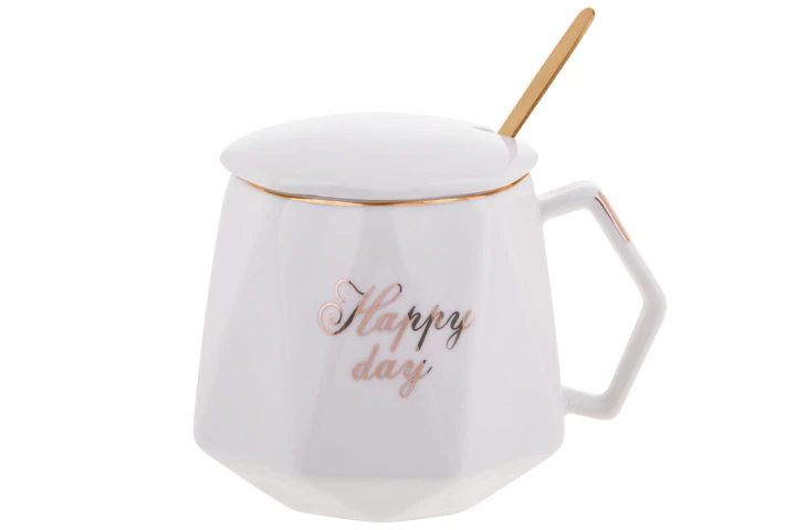 Кружка фарфоровая BonaDi Coffee Prelude Happy Day с крышкой и ложкой 420 мл Белый (984-203З)