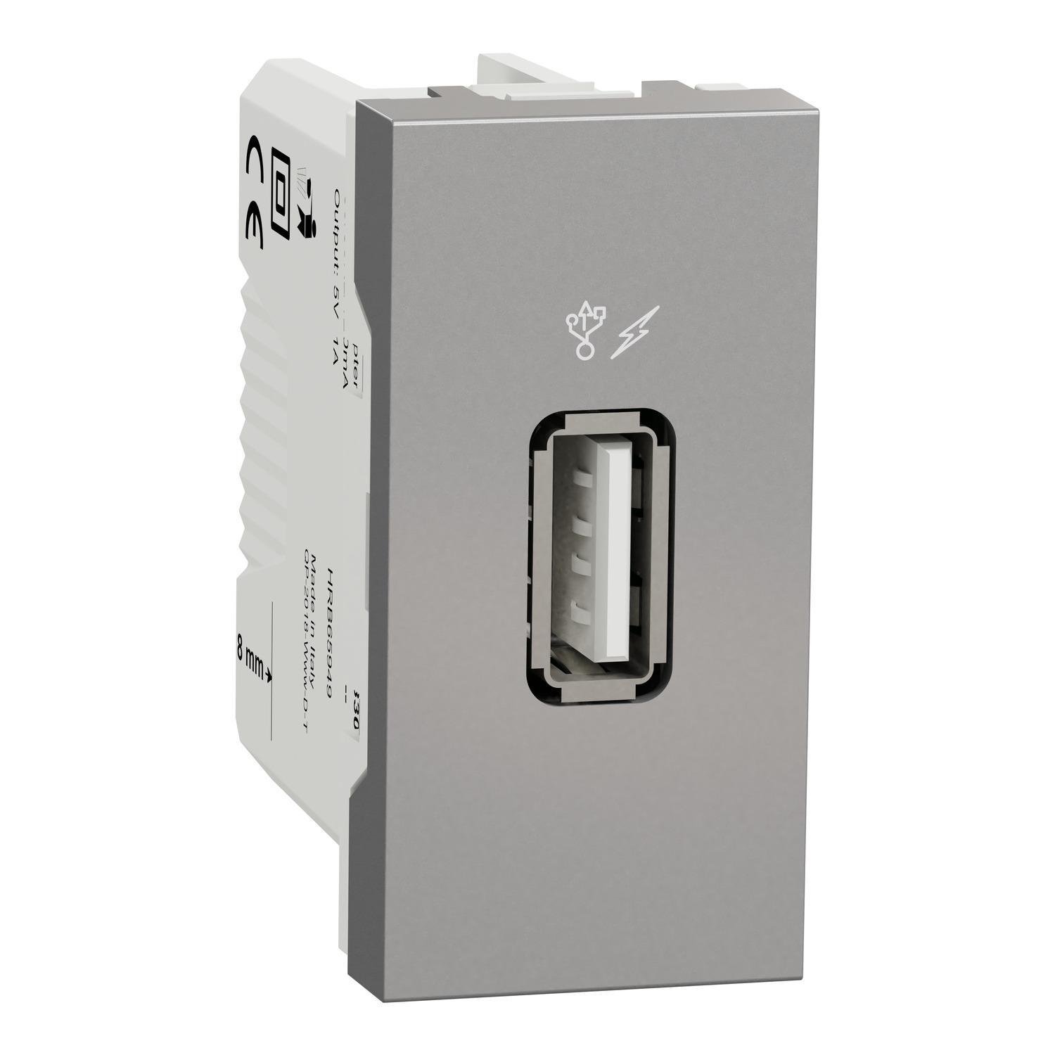 Розетка Schneider Electric USB 2.0 одинарная 1,05А тип A 1 модуль Unica Алюминий (NU342830)