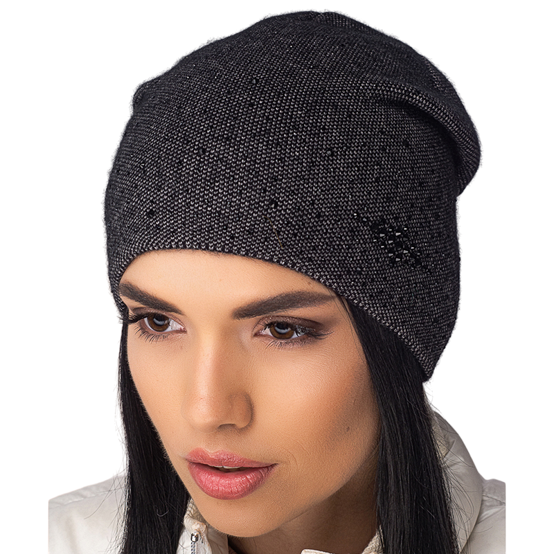 Шапка женская Leks Верба кашемировая со стразами утепленная флисом сцепленная сзади OneSize Черный/Серый (121682)